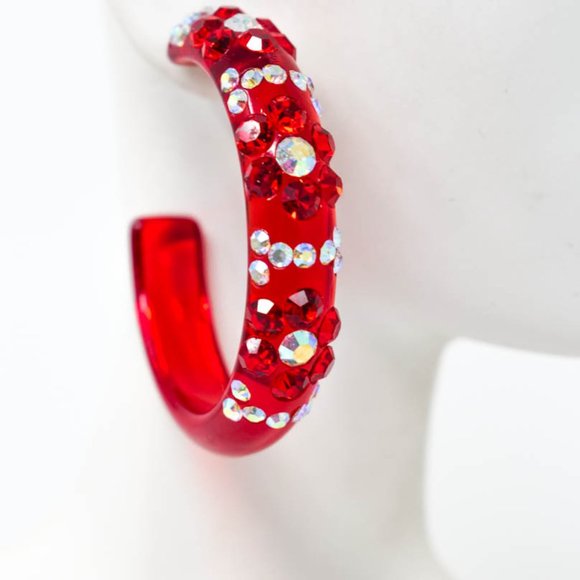 2" Flower Pattern Red Lucite Rhinestone Earrings - Picture 3 of 11